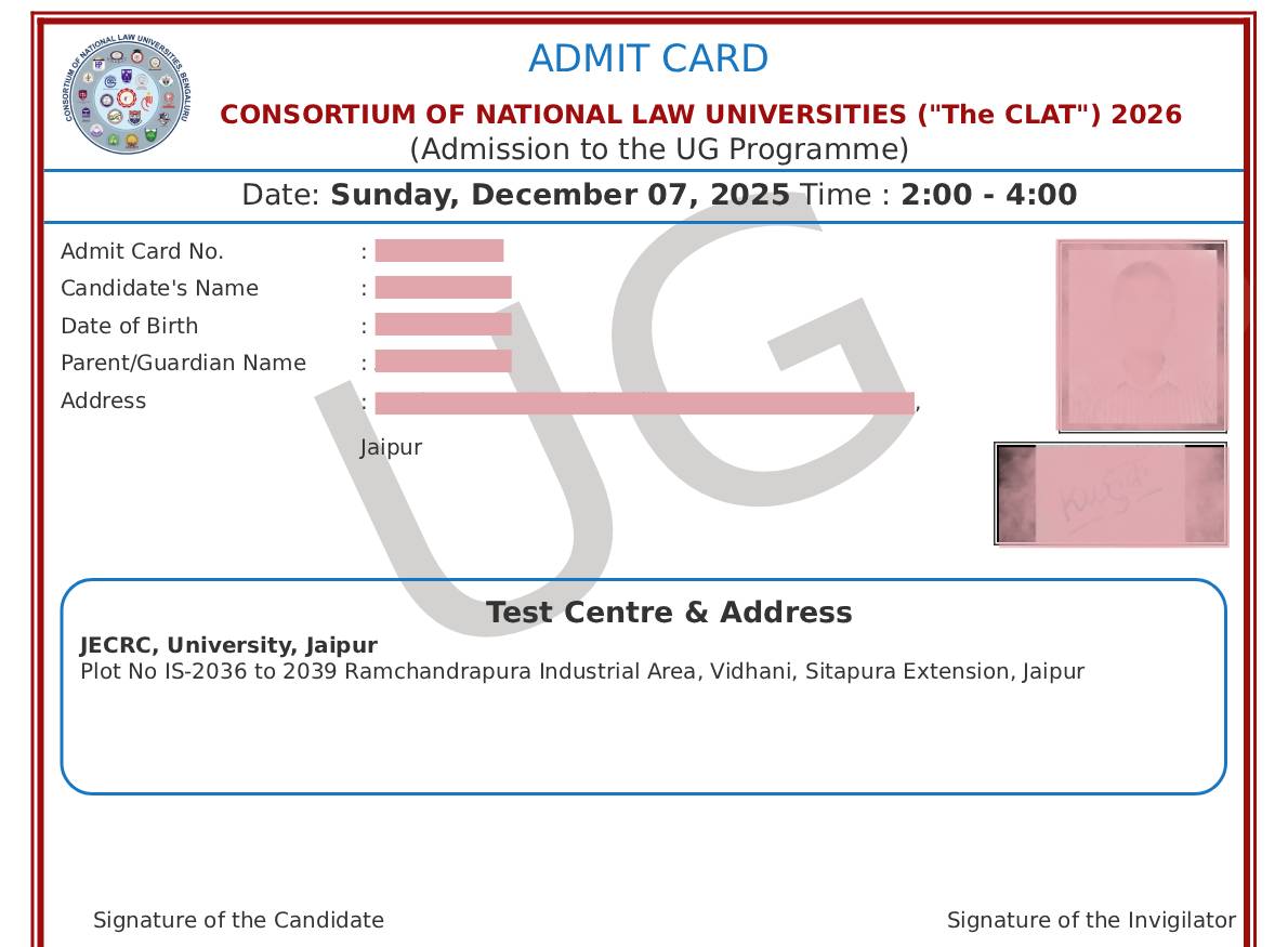 Sample CLAT 2026 Admit Card
